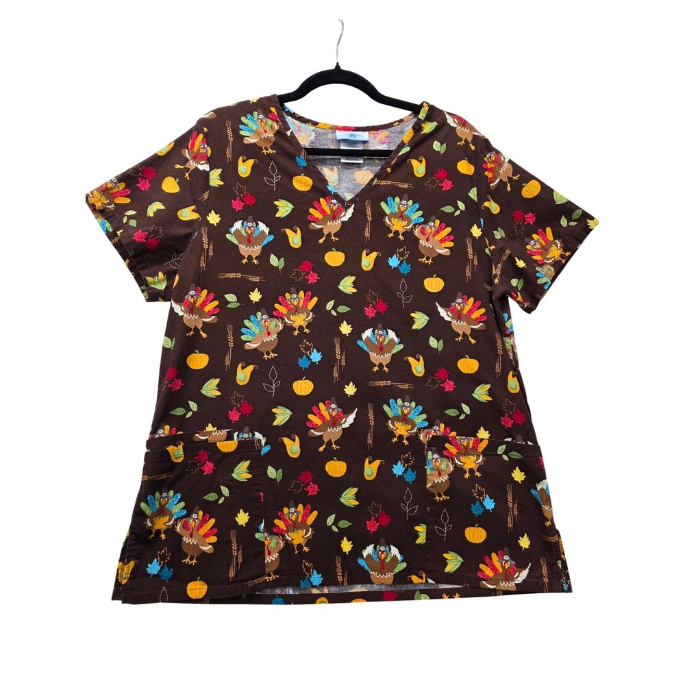 SB Scrubs Womens Brown Thanksgiving Turkey Pumpkin Print Scrub Top Large